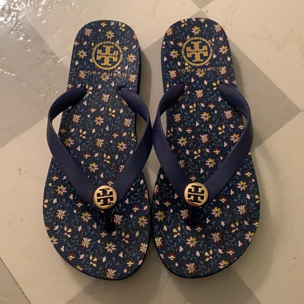 Tory Burch floral navy flip-flops